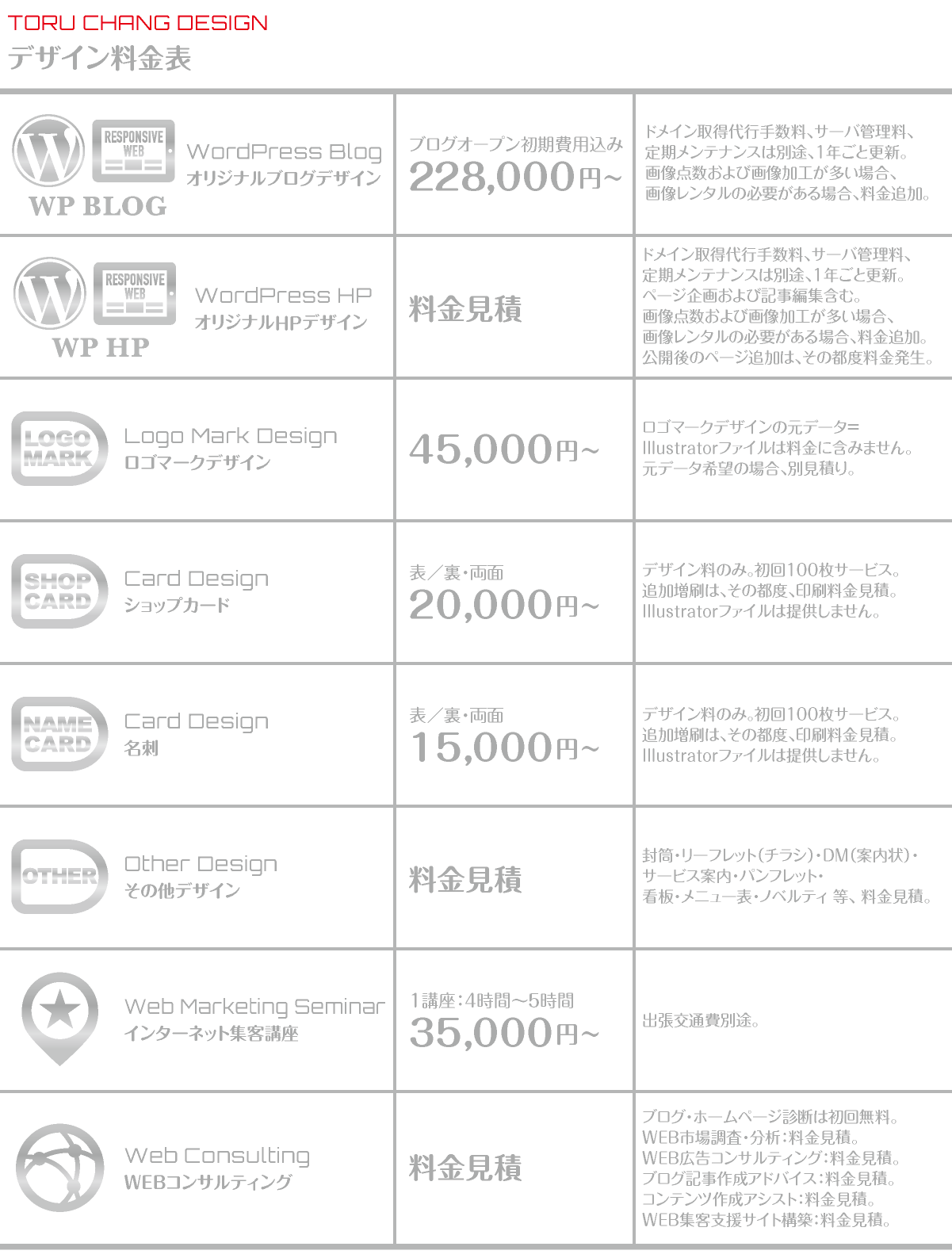 TORU CHANG DESIGN【デザイン料金表1】2024.10.20